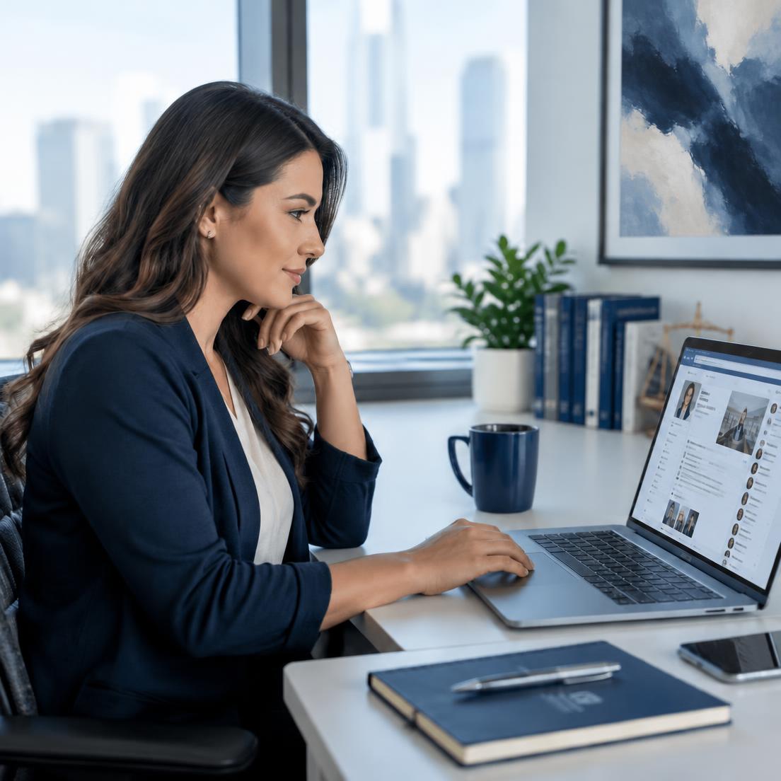 Paralegal reviewing social media profiles at her desk