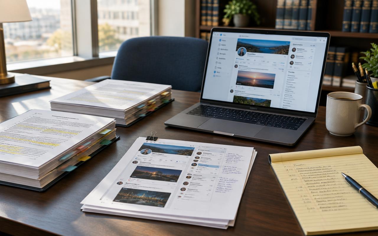 Printed social media investigation reports and screenshots on a paralegal's desk